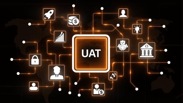 U A T User Acceptance Testing Process Concept with Business and Global Network Connections on Dark Background