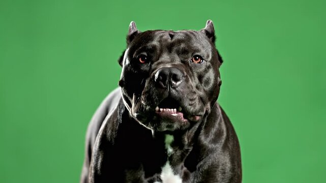 A striking close-up portrait of a black American Bully dog with an open mouth.