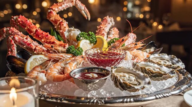 Seafood platter with crab legs, shrimp, oysters, lemon slices, and sauces on ice in a lavish dining setting