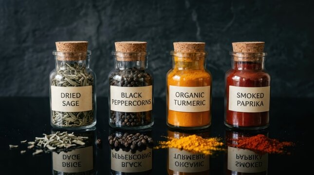 A Collection of Gourmet Spices in Glass Jars, Featuring Dried Sage, Black Peppercorns, Organic Turmeric, and Smoky Paprika