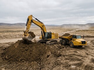 Obraz premium Massive yellow excavator digging dirt next to a dump truck on a construction site with hilly terrain