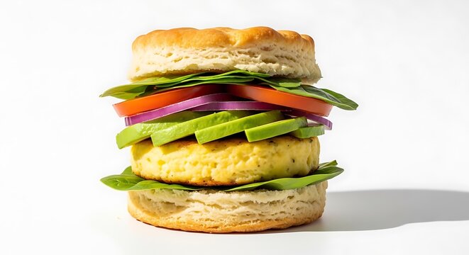 Delicious breakfast sandwich with avocado and tomato on a biscuit isolated on white background