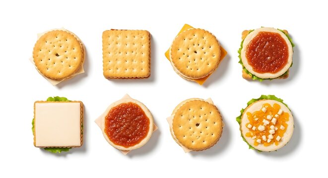 Variety of crackers and sandwiches on white background