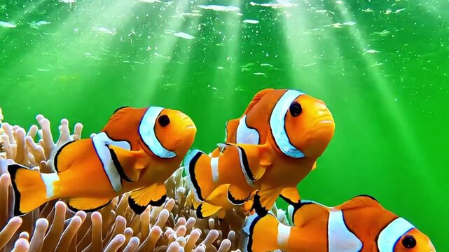 Group of vibrant orange clownfish swimming gracefully around a sea anemone in a colorful underwater coral reef. Bright green water with sunlight rays. Ideal for ocean, marine life, and relaxing video 