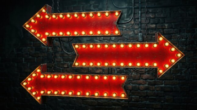 Vintage marquee arrow signs with glowing light bulbs, retro red illuminated directional arrows on dark brick wall, theater style neon signage