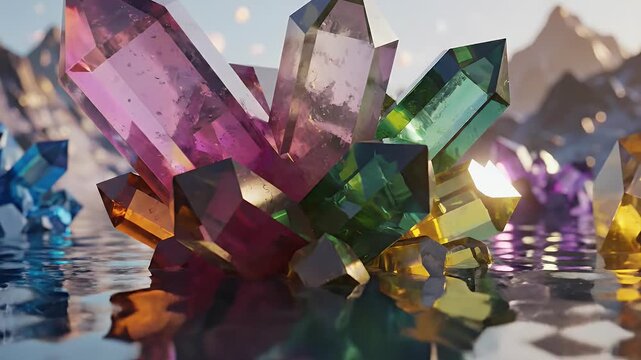 A vibrant collection of crystalline structures floats serenely on a reflective water surface, backed by a hazy mountain range.