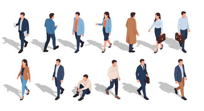Isometric Vector People Set Featuring Walking and Sitting Figures with Shadows for Architectural Diagrams 
