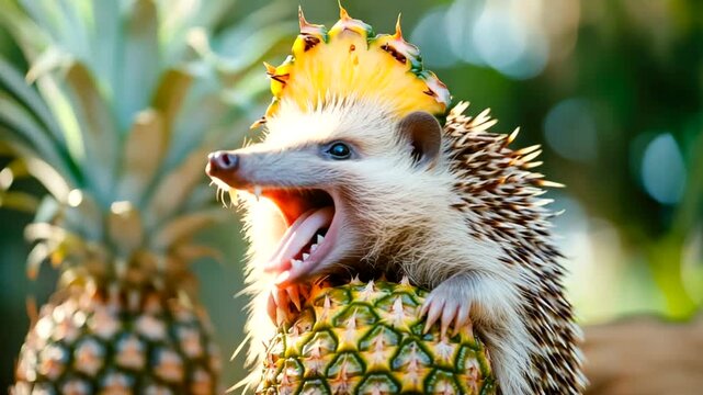 A cheerful hedgehog wearing a pineapple crown, surrounded by tropical pineapples in a lush garden