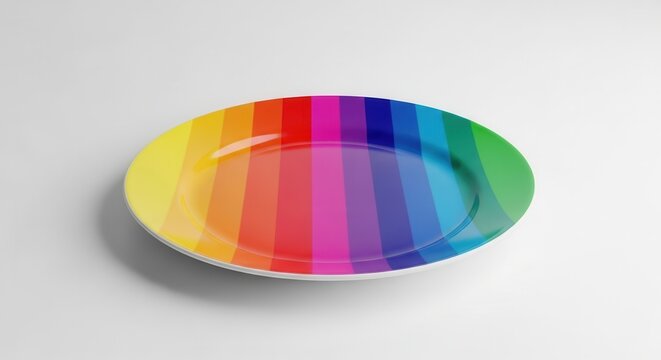 Vibrantly striped serving platter showcasing a full spectrum of colors on a minimalist white