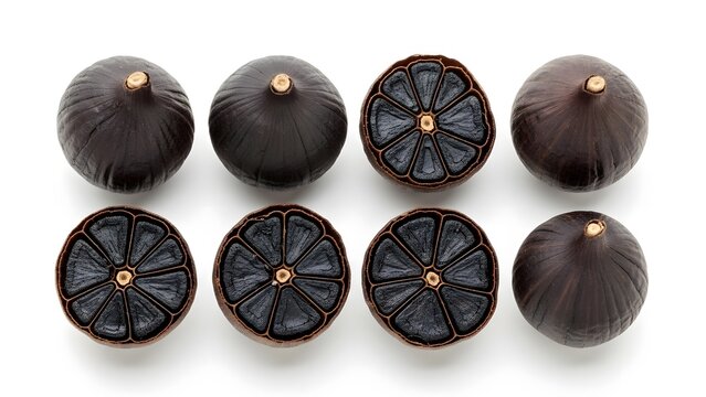 Eight black sapote fruits displayed on a white background
