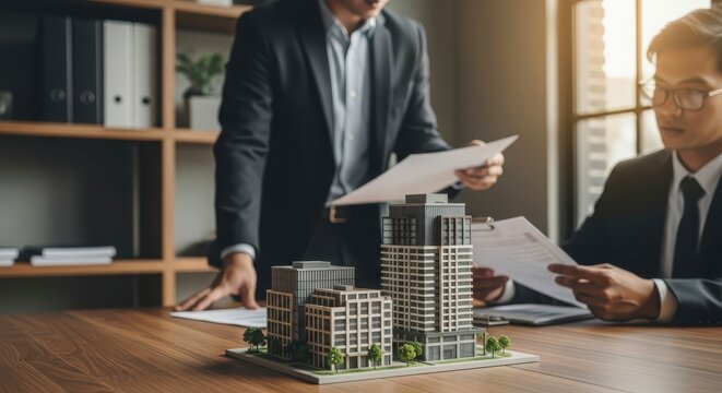 Two businessmen discussing architectural model in office