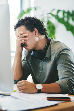 Office, stress and tired business man with deadline pressure, tax burnout or financial crisis. Fatigue, overwork and person at work for bookkeeping with brain fog, exhausted or accounting challenge