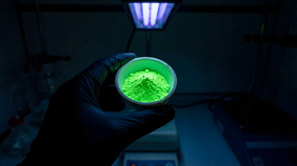 Fototapeta premium Gloved hand holding fluorescent powder glowing under uv light