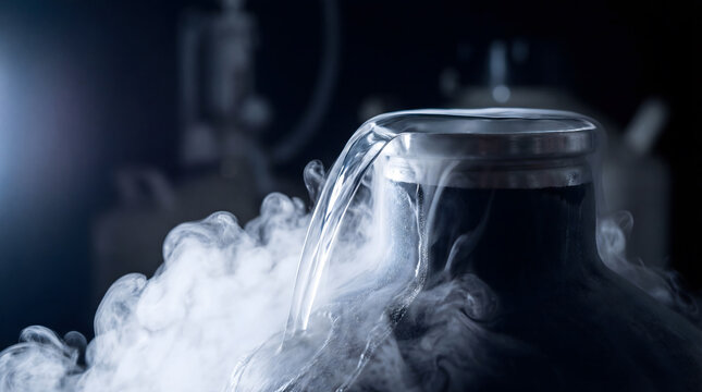 Liquid nitrogen pouring from dewar flask in laboratory