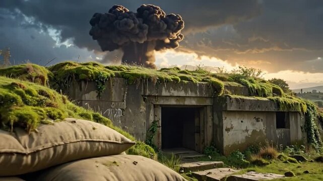 Dramatic scene of a concrete bunker with sandbags, explosion in the background, and a stormy sky.