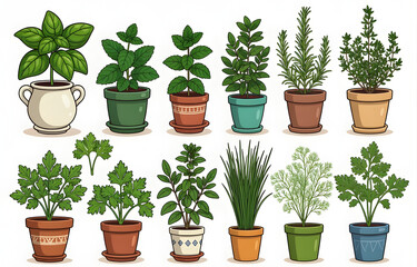 Fototapeta premium Collection of Potted Fresh Green Herbs in Ceramic Pots Isolated on White Background, Herb Garden Vector Illustration