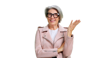 Senior woman smiling gesturing presenting isolated white background