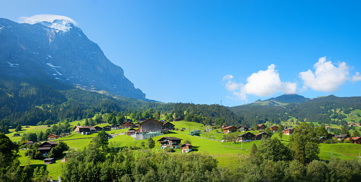 beautiful landscape Grindelwald tourist resort. view to Eiger mountain. blue sky with space