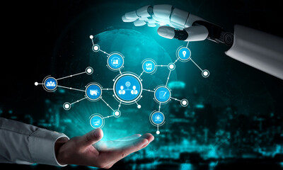 Fototapeta premium A captivating visual of a robotic hand reaching towards a human hand, symbolizing the collaboration between technology and humanity in a digital landscape. Tessel