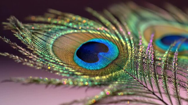 Close-up of iridescent peacock feather with shimmering bokeh lights