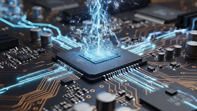 A close-up view showcases a computer processor with electrical arcs surging through its circuitry.