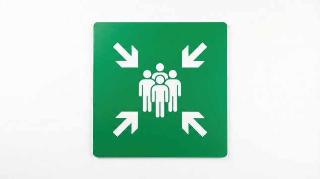 Emergency assembly point sign, green square safety plaque with white people icons and arrows, fire evacuation meeting point symbol on white wall