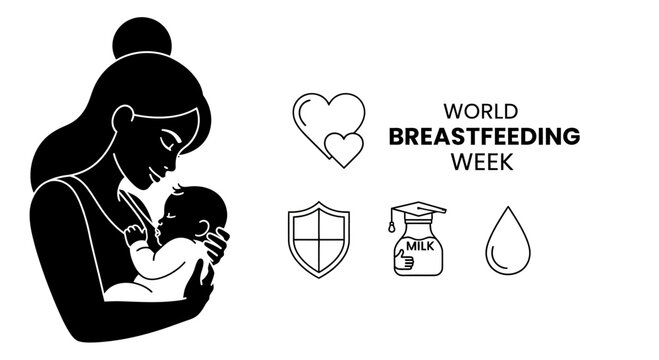 Black and white illustration of a mother breastfeeding her baby for World Breastfeeding Week.