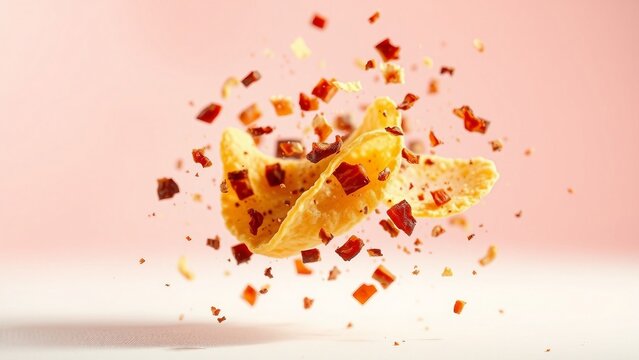 Crispy potato chip and bacon pieces burst against a soft pink backdrop, conveying savory flavor, satisfying crunch, motion and appetizing snack energy for food advertising and pac Скрыть
