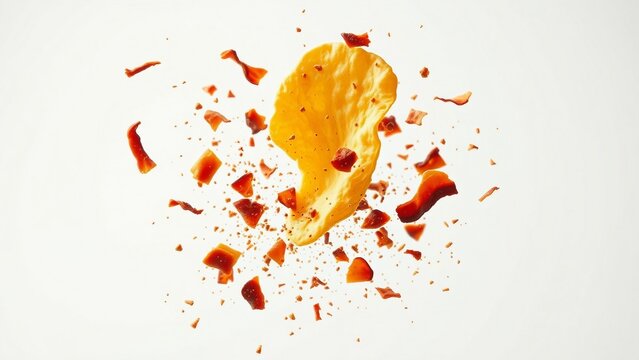 Crispy potato chip and bacon pieces burst against a soft pink backdrop, conveying savory flavor, satisfying crunch, motion and appetizing snack energy for food advertising and pac Скрыть
