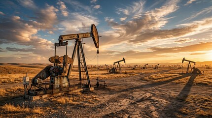 Naklejka premium Oil pump jacks operating in a dry, arid landscape under a dramatic sunset sky.