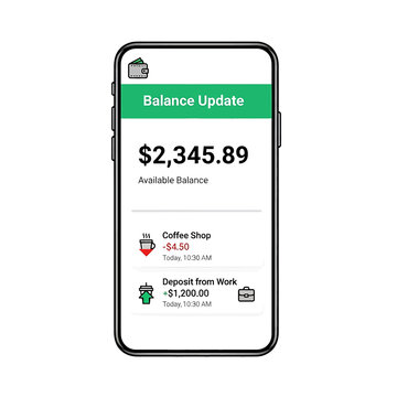 Smartphone screen displays bank account balance.