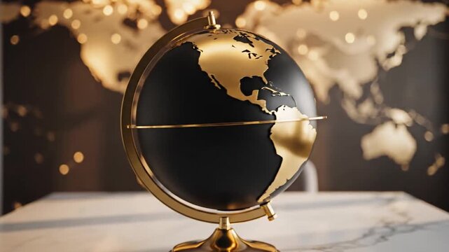 Elegant globe displayed on marble surface with world map background