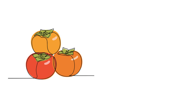 Stack of three ripe orange persimmons in a simple continuous line drawing style depicting autumn fruit harvest and seasonal food.