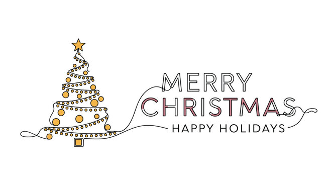 Minimalist Christmas tree design made of continuous wire-like lines with glowing lights and Merry Christmas typography.