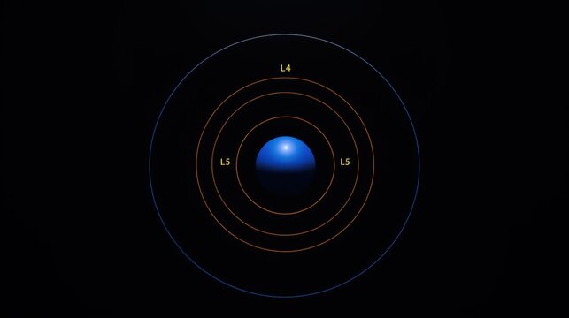 Diagram depicts Lagrange points around celestial body. Concentric circles represent orbital paths, labeled L4, L5. Blue sphere indicates central mass.