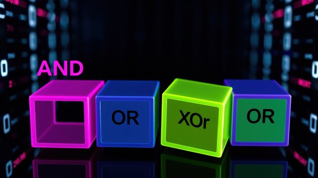 Colorful cubes display logic gates. Background shows digital rain effect. Bright neon colors dominate composition. Futuristic, tech aesthetic.