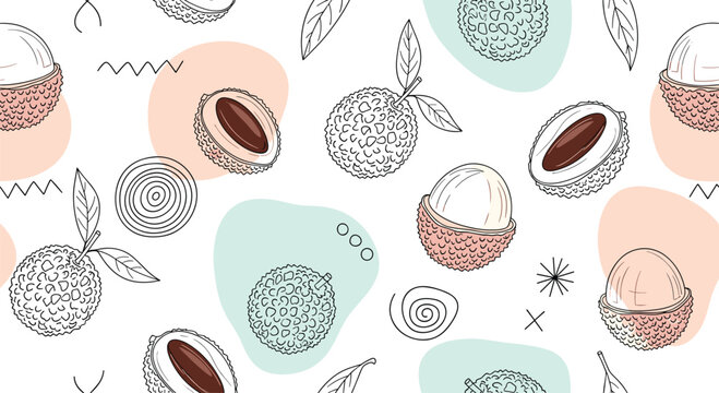 Seamless pattern of exotic lychee fruit in a modern line art style with soft pastel decorative shapes for design.