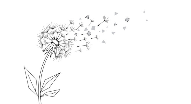 Abstract black and white sketch of a dandelion losing its seeds which transform into sharp geometric triangles.