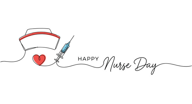 Happy nurse day greeting card featuring a nurse cap syringe and heart in a creative continuous line art style.