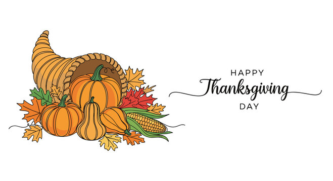 Colorful hand-drawn illustration of a cornucopia filled with pumpkins, gourds, and autumn leaves for Happy Thanksgiving Day greeting.