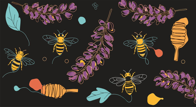 Seamless pattern with honey bees and lavender flowers on a dark background for honey production and nature conservation theme.