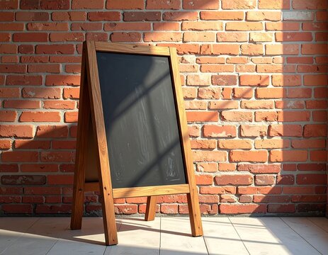 A blank vintage wooden billboard and an empty black chalkboard frame hang on an old red brick wall texture with space for a school menu or sign