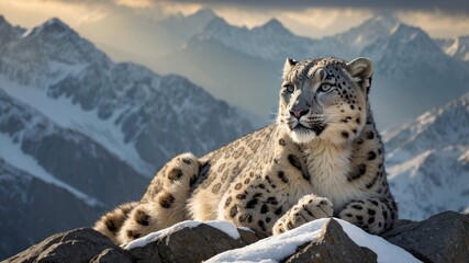 Fototapeta premium Snow leopard resting on rocky outcrop with majestic mountain backdrop during golden hour