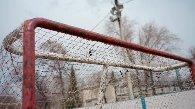 rusty hockey goal under overcast sky. aged red goalpost and frayed net in empty outdoor urban rink, bare trees and utility pole in background, muted cold tones, texture of weathered metal and chipped