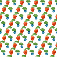 Pattern design featuring vibrant strawberries and blueberries with green leaves on a white background, suitable for textiles, wallpapers, and various decorative applications