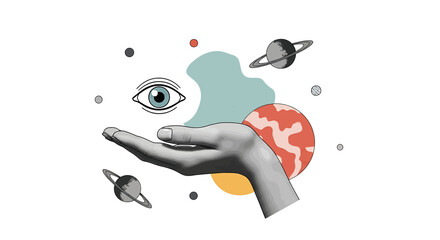 Hand with eye and planets floating. © Cowok
