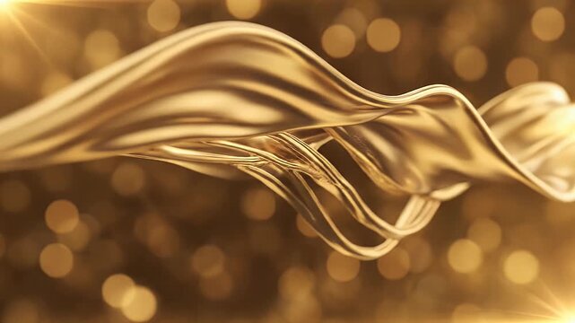 Luxurious golden silk fabric flows and drapes elegantly, creating a shimmering and opulent visual.