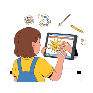 Child using digital drawing tablet creatively.