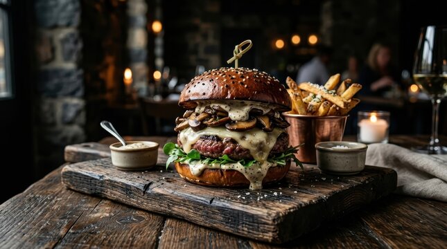 Gourmet mushroom and swiss burger with truffle aioli and french fries on a rustic wooden board.