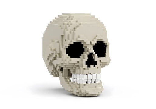 Voxelized human skull, blocky style, pixel art inspired, isolated on white.